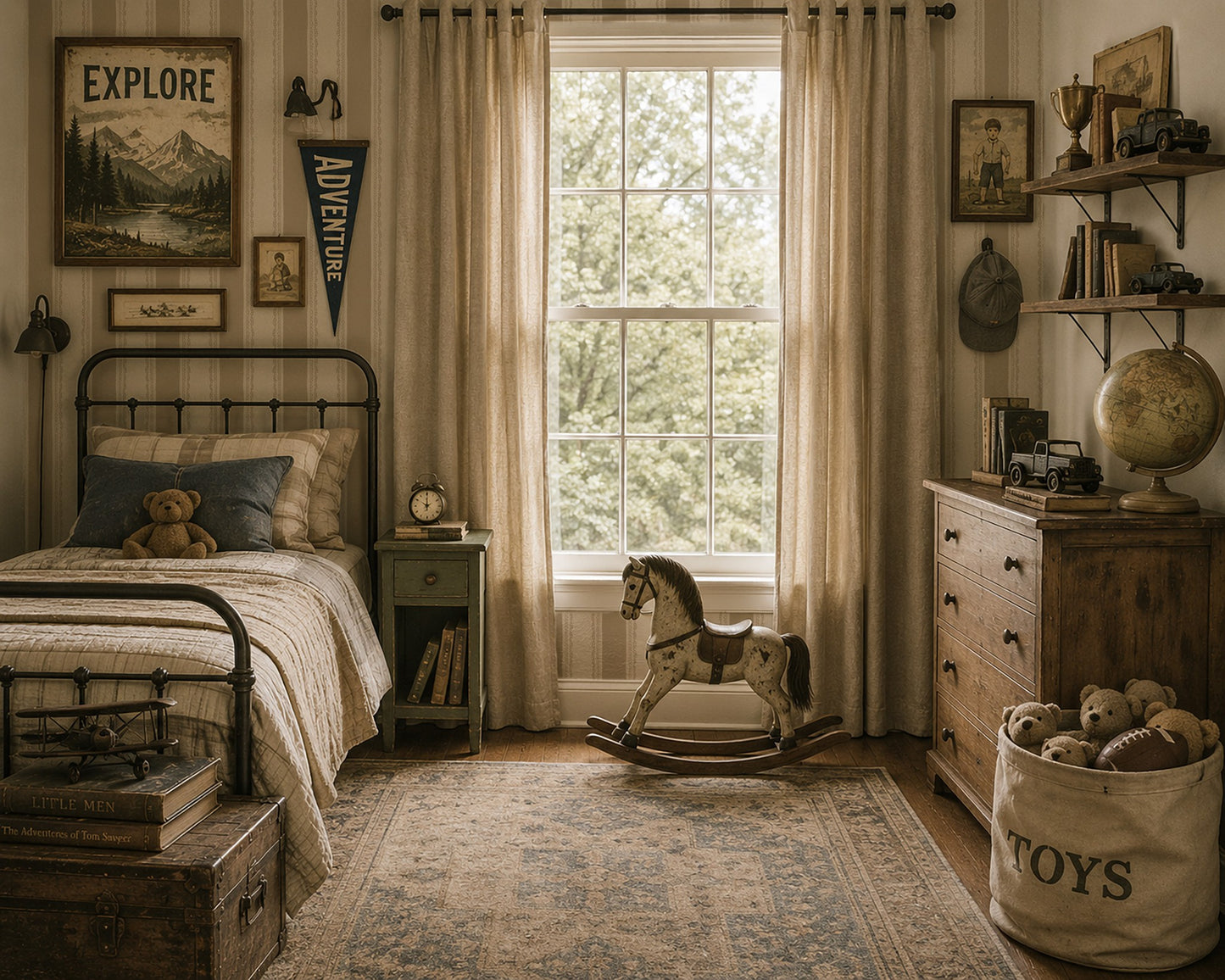 Lacey Stripes Taupe wallpaper in vintage-themed bedroom with rustic decor.
