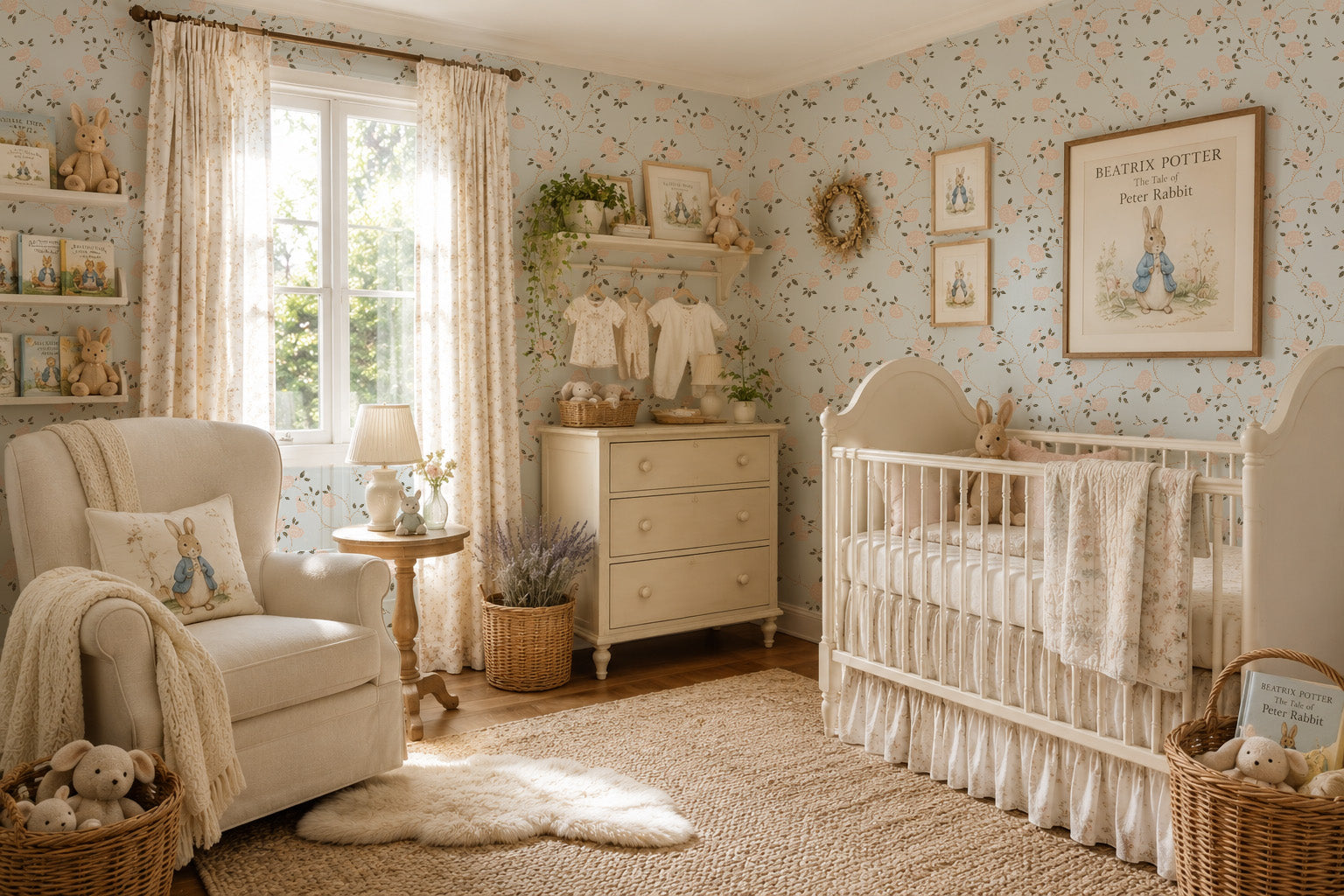 Light blue floral and hummingbird wallpaper in vintage nursery with cream furniture.