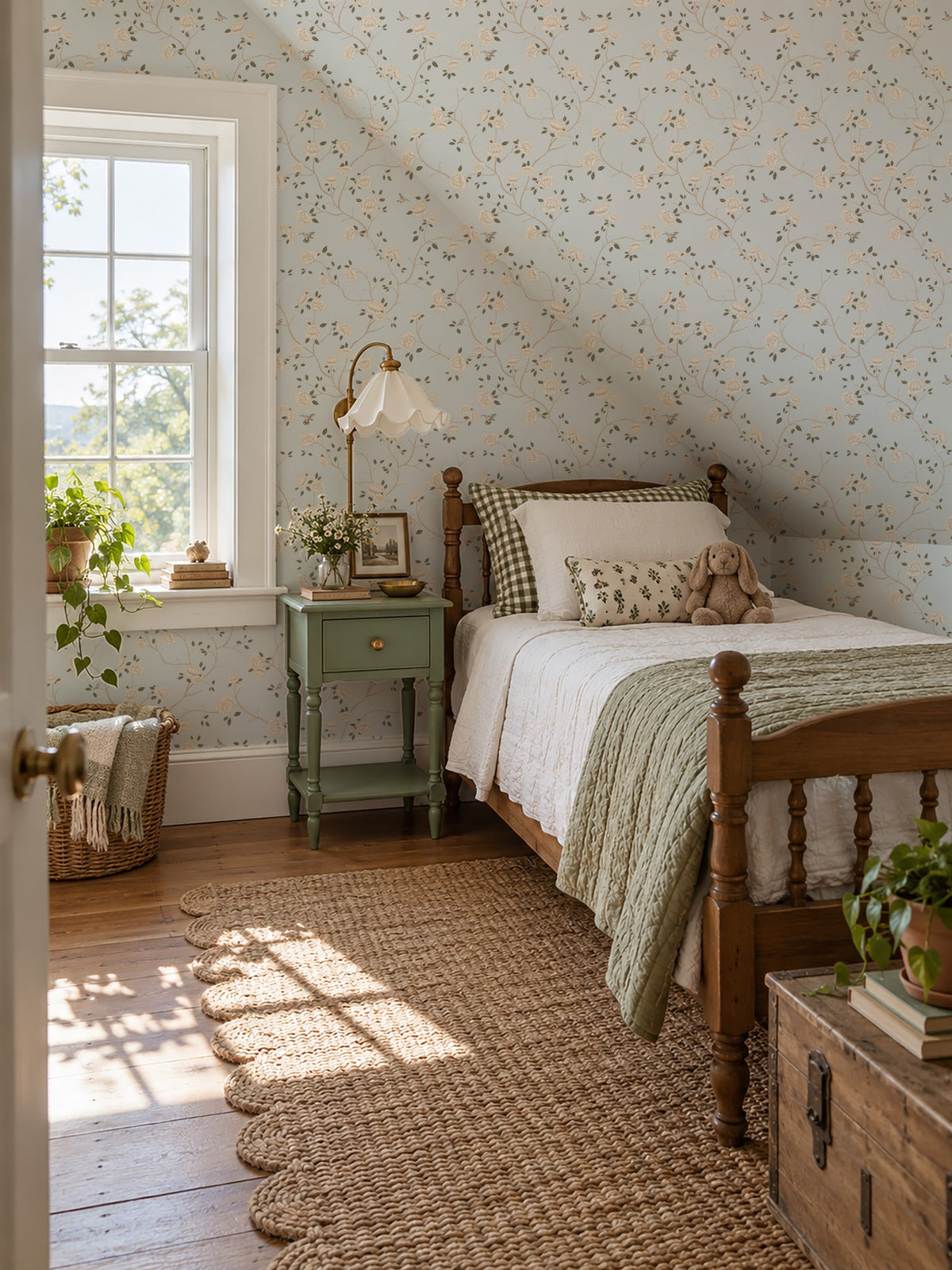 Light blue floral wallpaper with cream roses and hummingbirds in a cozy vintage bedroom.