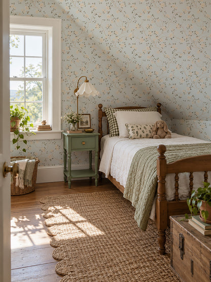 Light blue floral wallpaper with cream roses and hummingbirds in a cozy vintage bedroom.