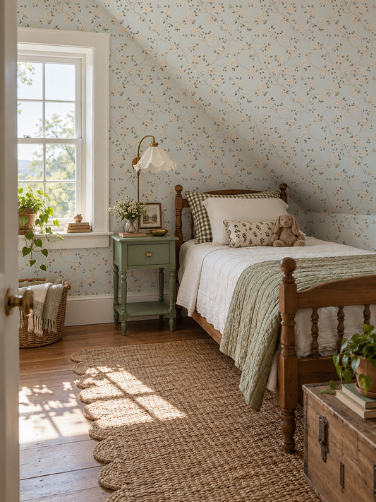 Light blue floral wallpaper with cream roses and hummingbirds in a cozy vintage bedroom.