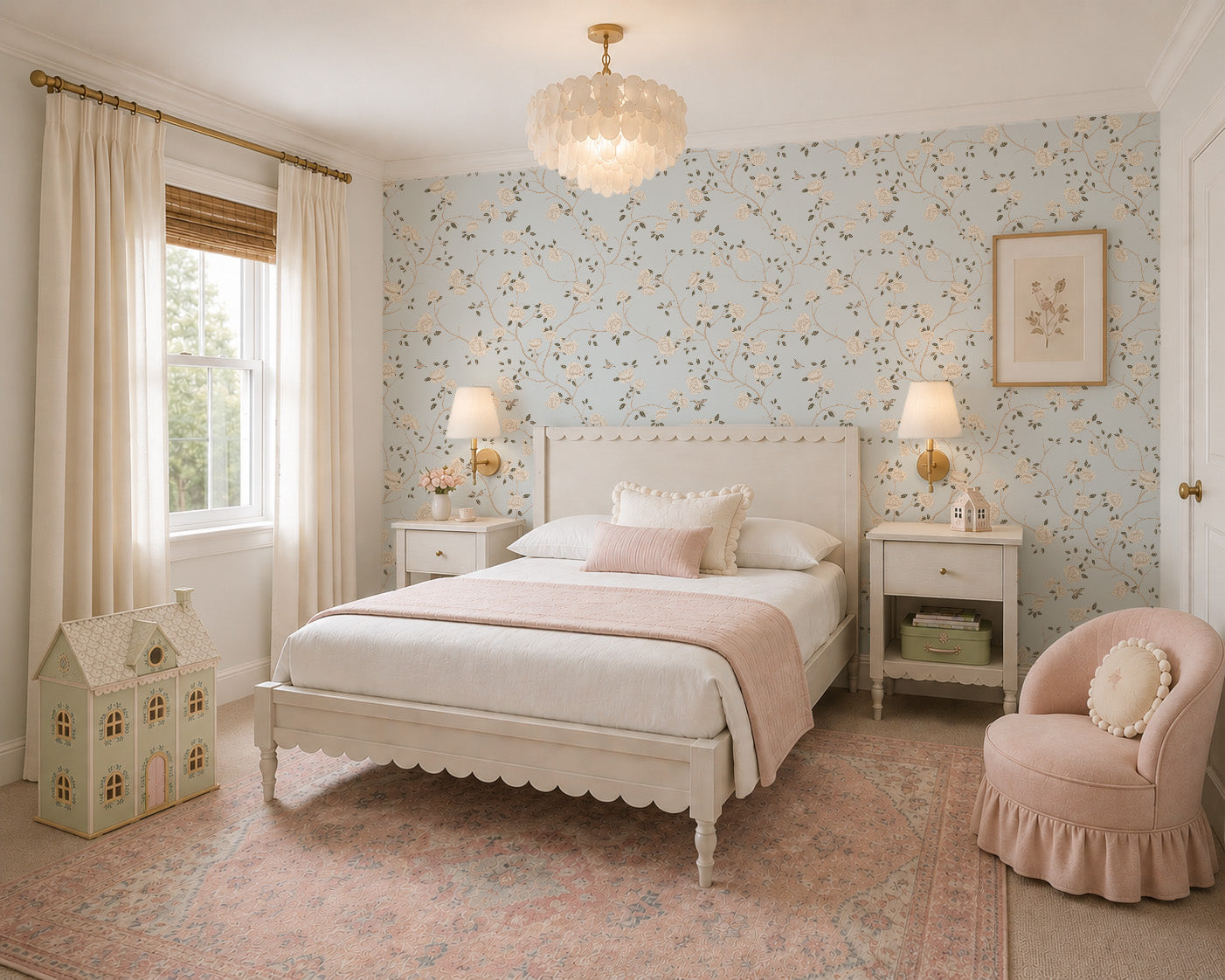 Light blue rose chinoiserie wallpaper in elegant bedroom with vintage decor.