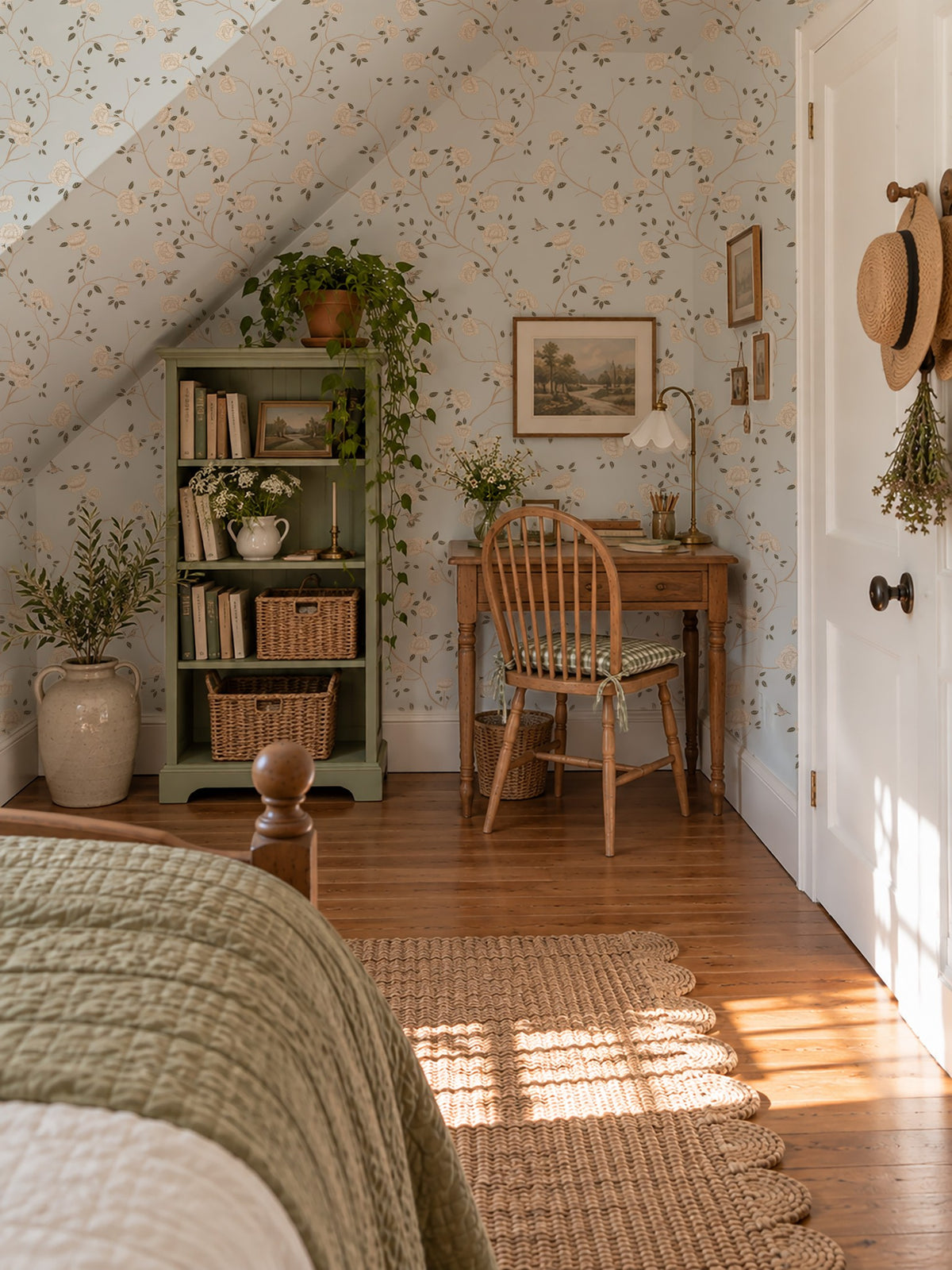 Light blue rose chinoiserie wallpaper with hummingbirds in cozy vintage bedroom setting.