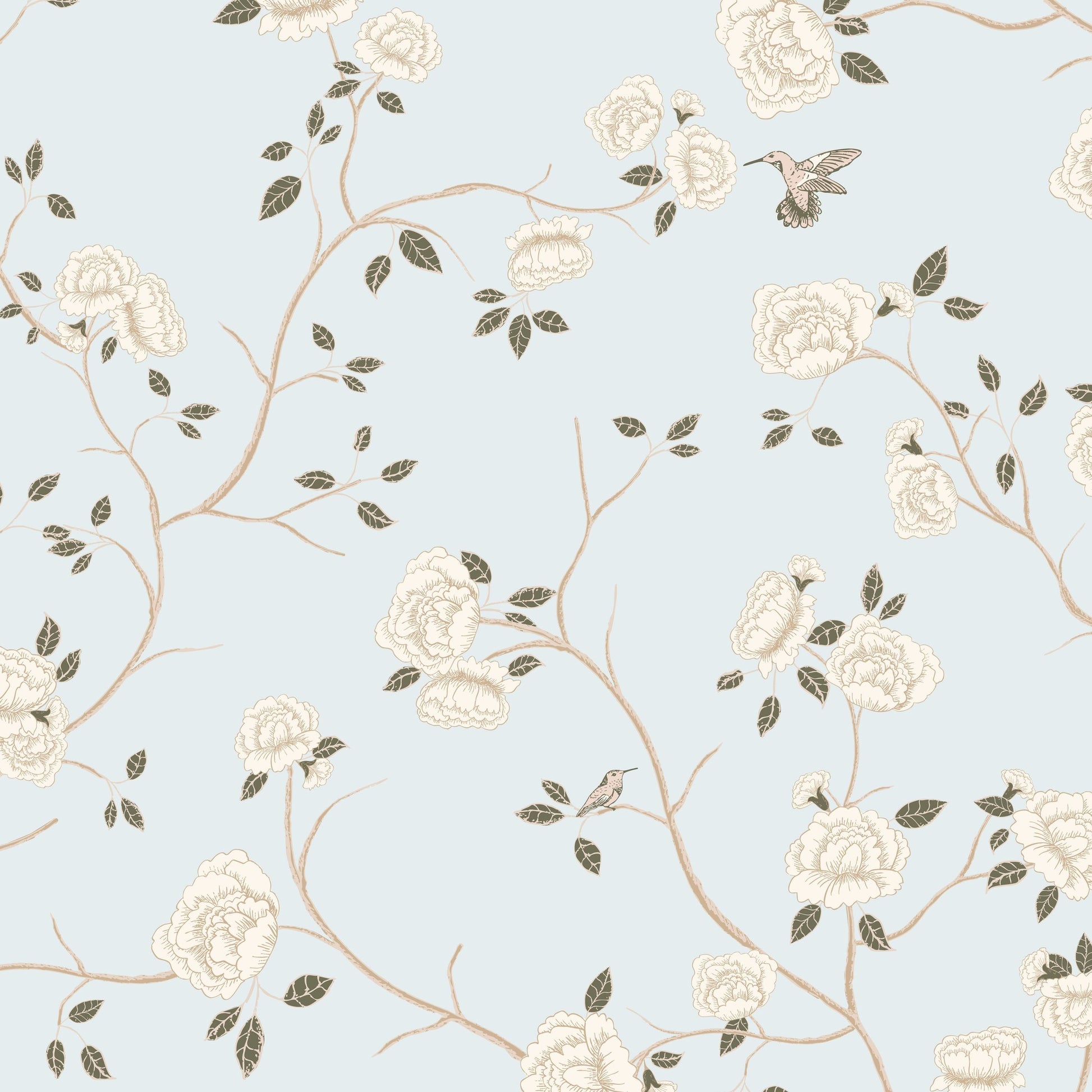 Light blue wallpaper with cream roses and hummingbirds in a vintage floral pattern.