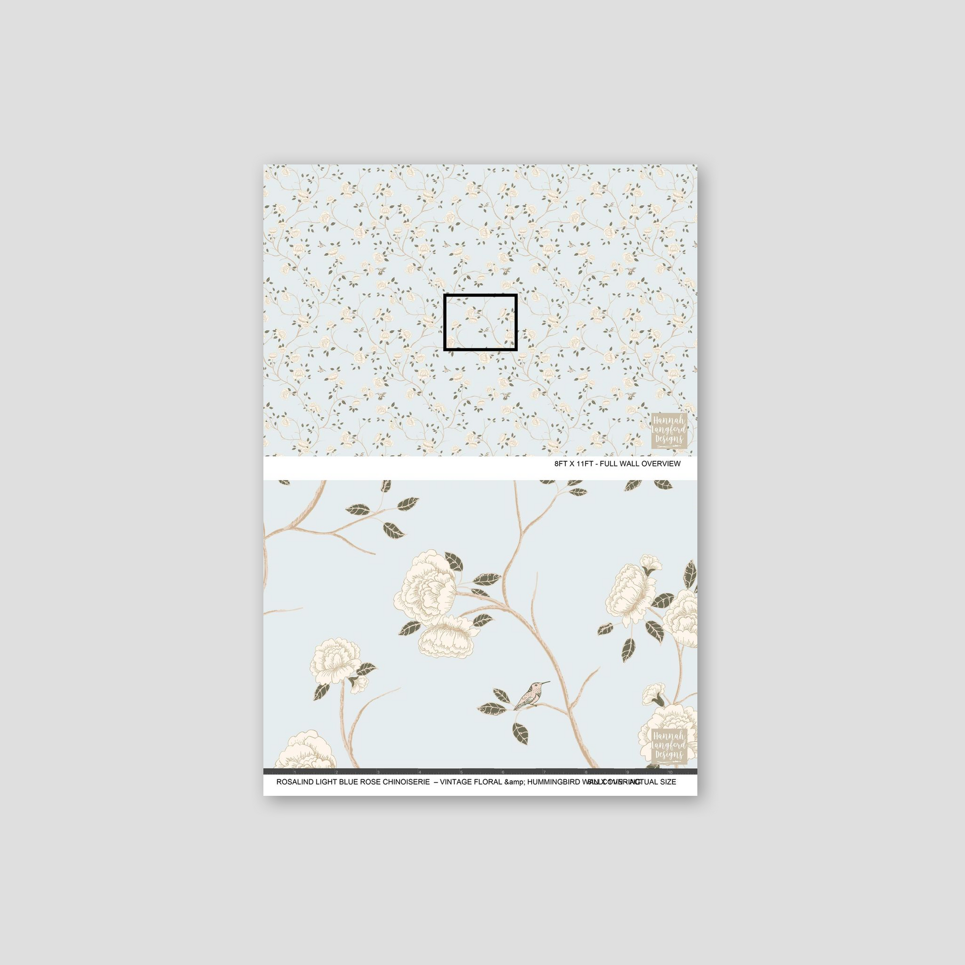 Light blue wallpaper with cream roses and hummingbirds on vines.