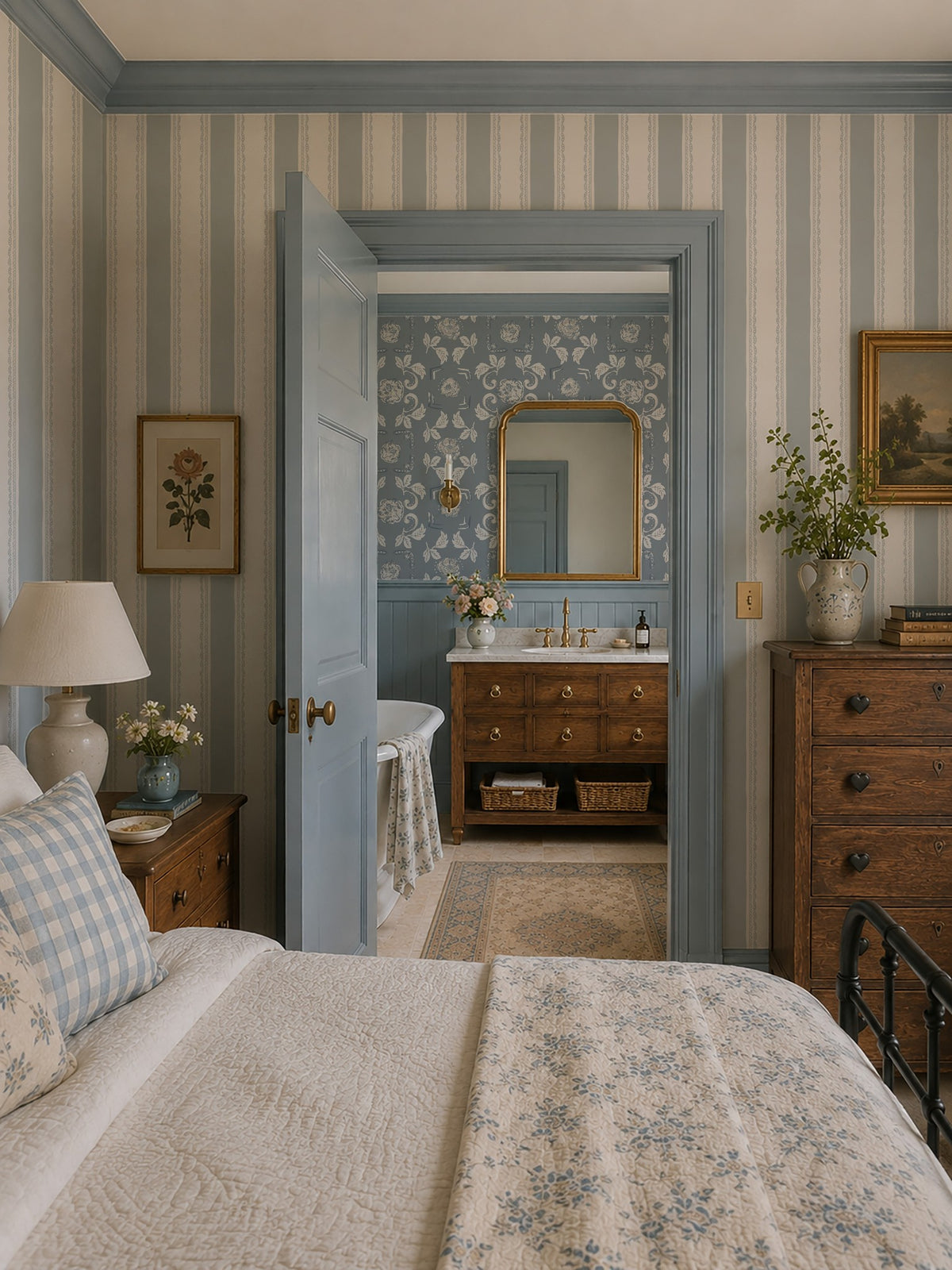 Light blue and white striped wallpaper with lace motifs in a classic bedroom setting.
