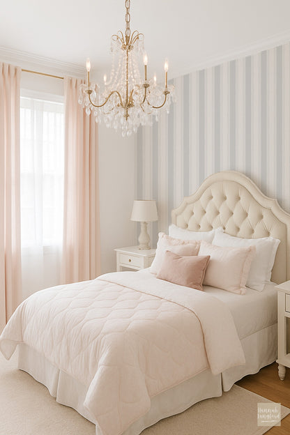 Light blue striped wallpaper in elegant bedroom with chandelier and tufted headboard.