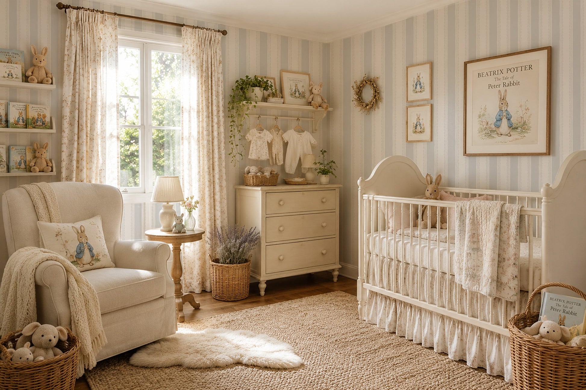 Light blue striped wallpaper in vintage nursery with crib and armchair.