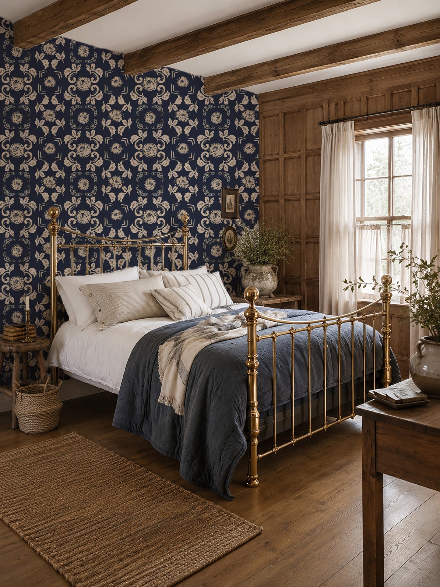 Navy floral wallpaper in cozy bedroom with brass bed and rustic decor.