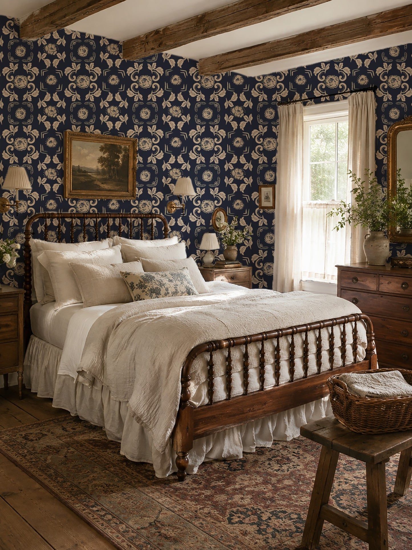 Navy floral wallpaper in cozy vintage bedroom with wooden bed and decor.