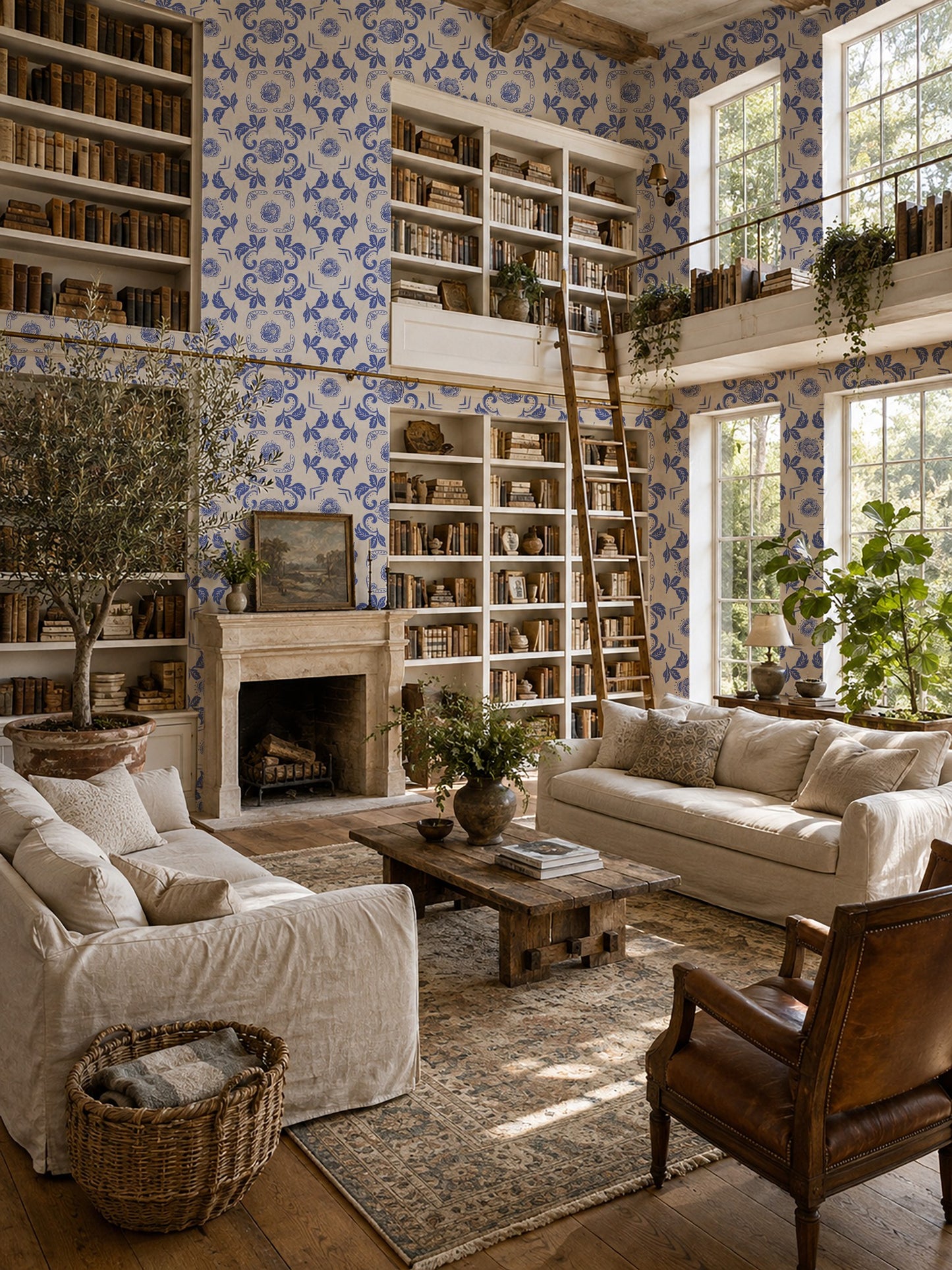 Nora Delft Blue floral wallpaper in a cozy living room with bookshelves and natural light.