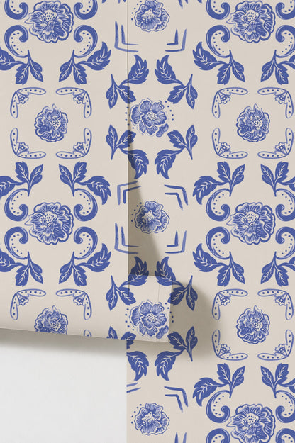 Nora Delft Blue wallpaper with intricate blue floral pattern on cream background.