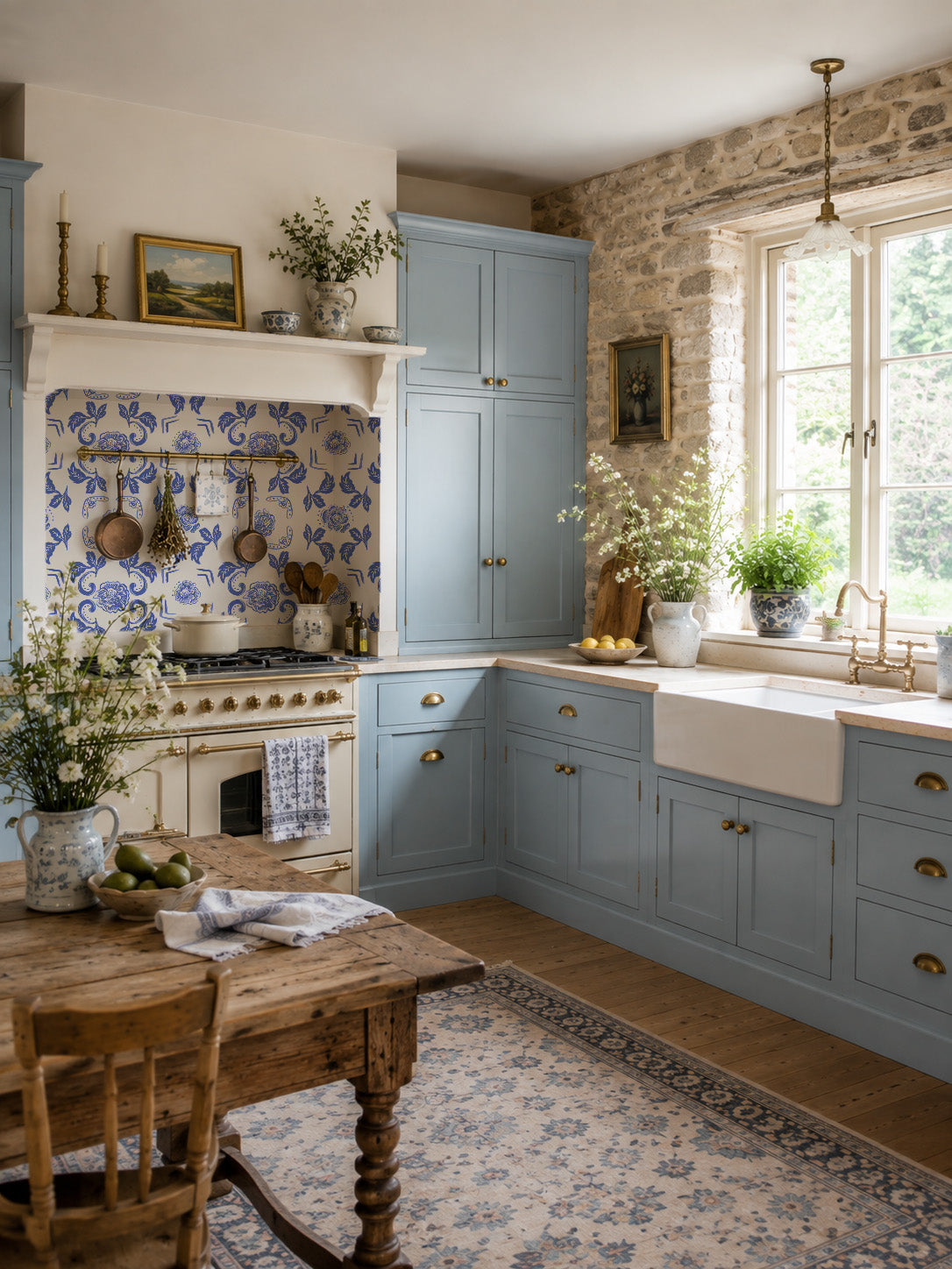 Rustic kitchen with Nora Delft Blue floral wallpaper and blue cabinets.