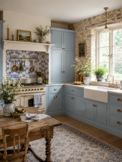 Rustic kitchen with Nora Delft Blue floral wallpaper and blue cabinets.