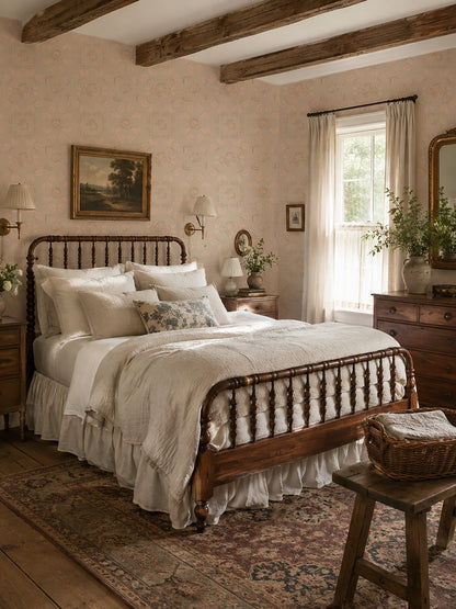 Vintage bedroom with Nora Delft Cream floral wallpaper and wooden furniture.