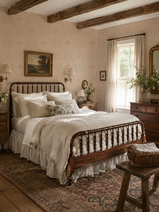 Vintage bedroom with Nora Delft Cream floral wallpaper and wooden furniture.
