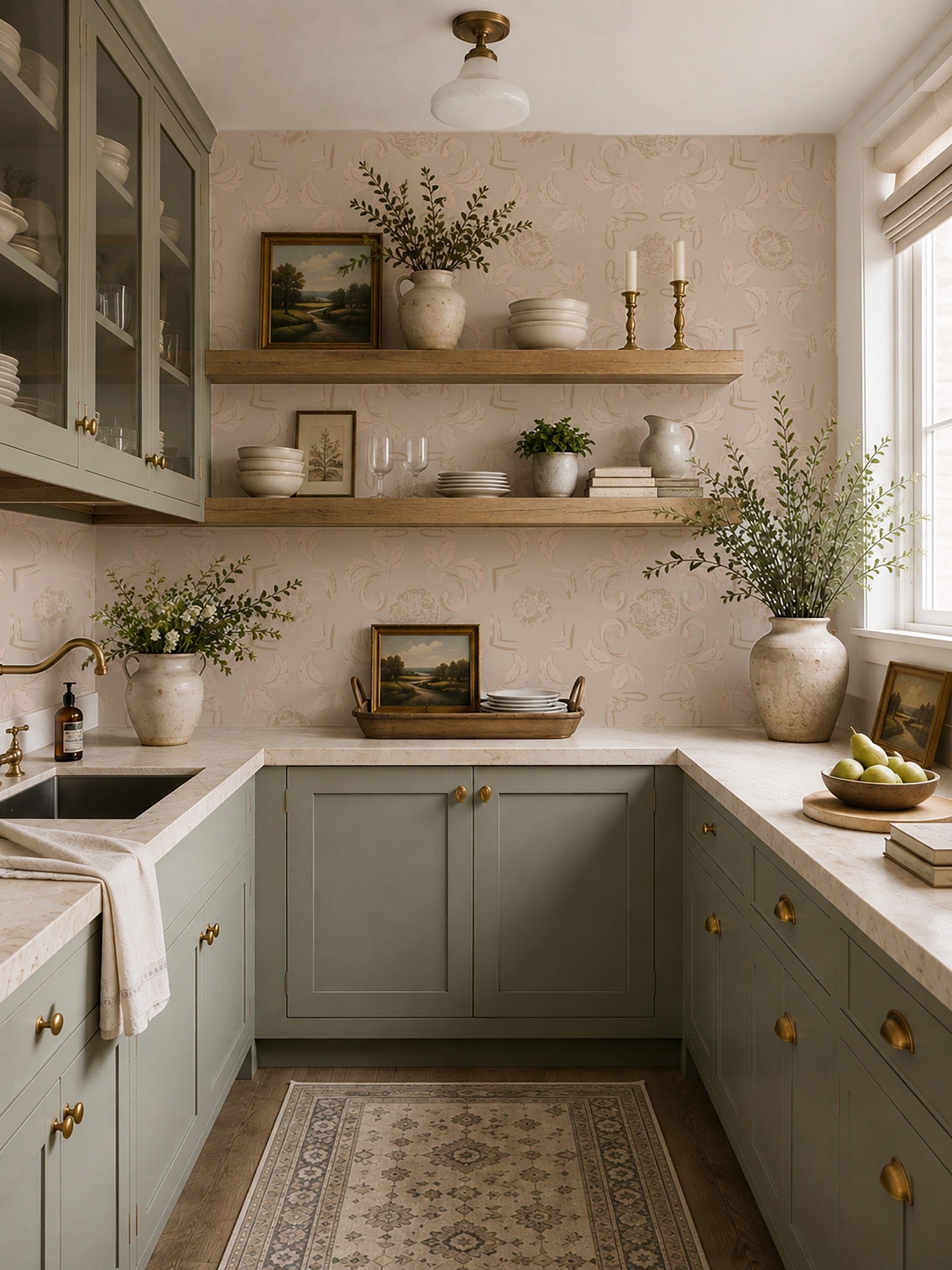 Nora Delft Cream wallpaper with muted pink floral pattern in vintage kitchen setting.