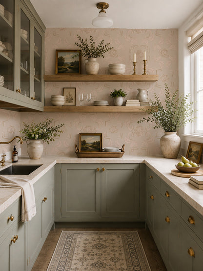Nora Delft Cream wallpaper with muted pink floral pattern in vintage kitchen setting.