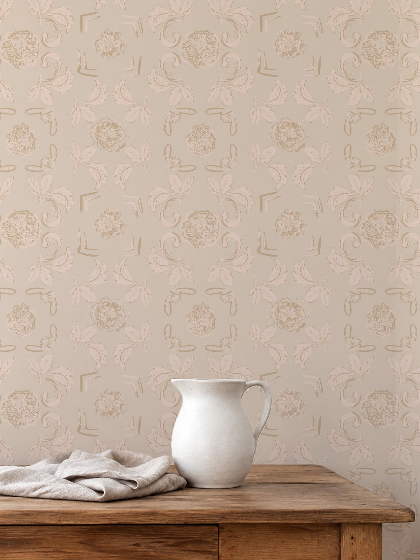 Nora Delft Cream floral wallpaper with beige and pink tones in vintage setting.