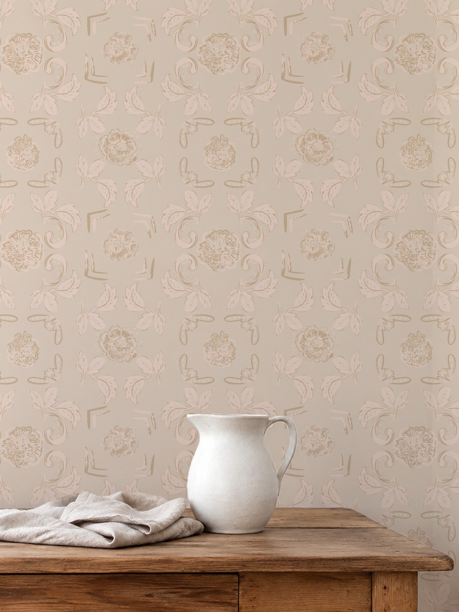 Nora Delft Cream floral wallpaper with beige and pink tones in vintage setting.