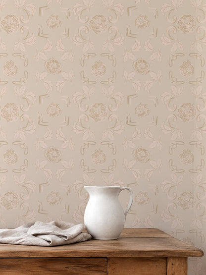 Nora Delft Cream floral wallpaper with beige and pink tones in vintage setting.