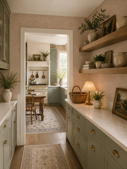 Nora Delft Cream wallpaper in a vintage kitchen with green cabinets and decor.