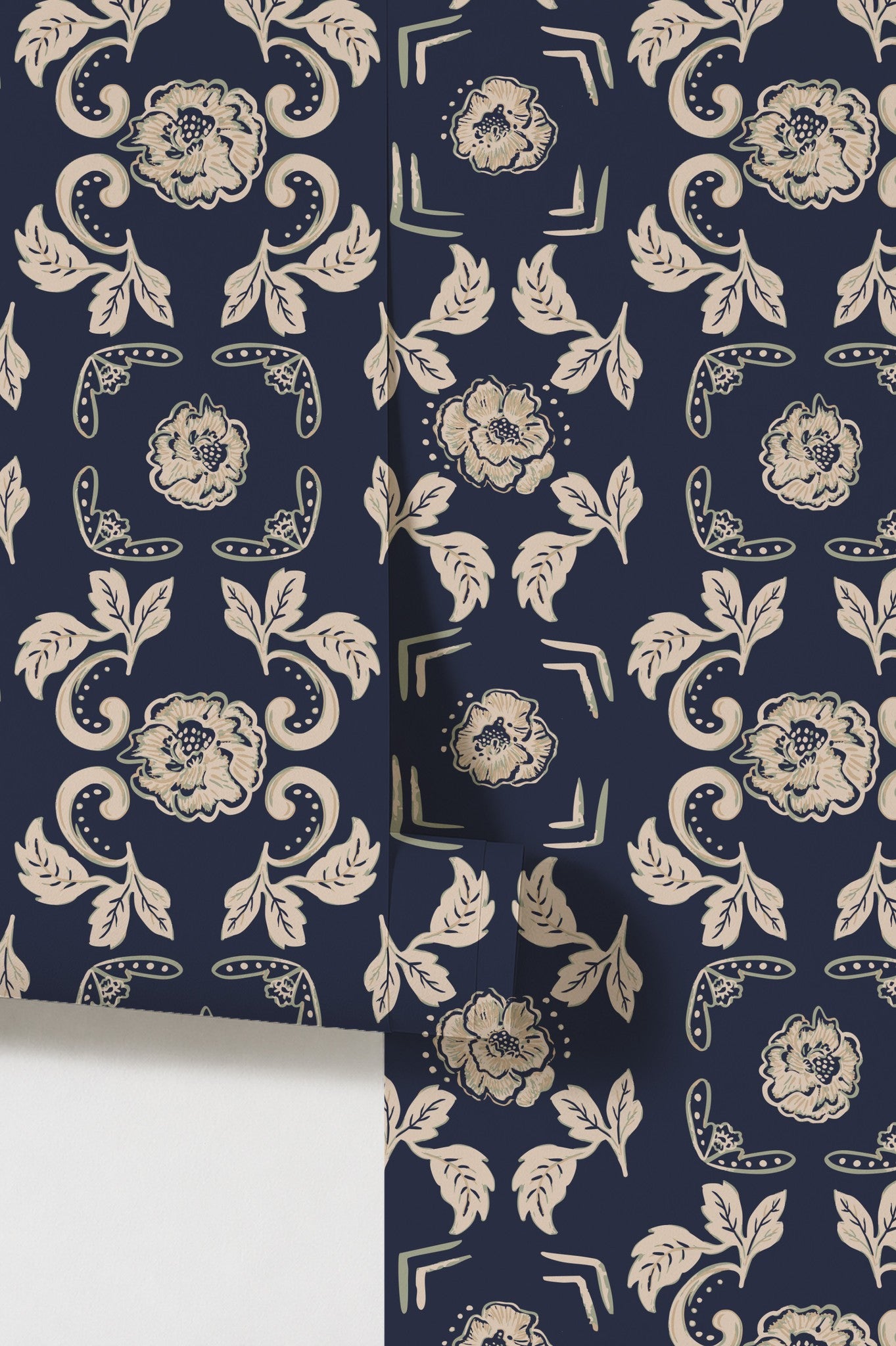 Navy wallpaper with intricate cream floral motifs and leafy tendrils, vintage style.