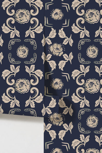 Navy wallpaper with intricate cream floral motifs and leafy tendrils, vintage style.