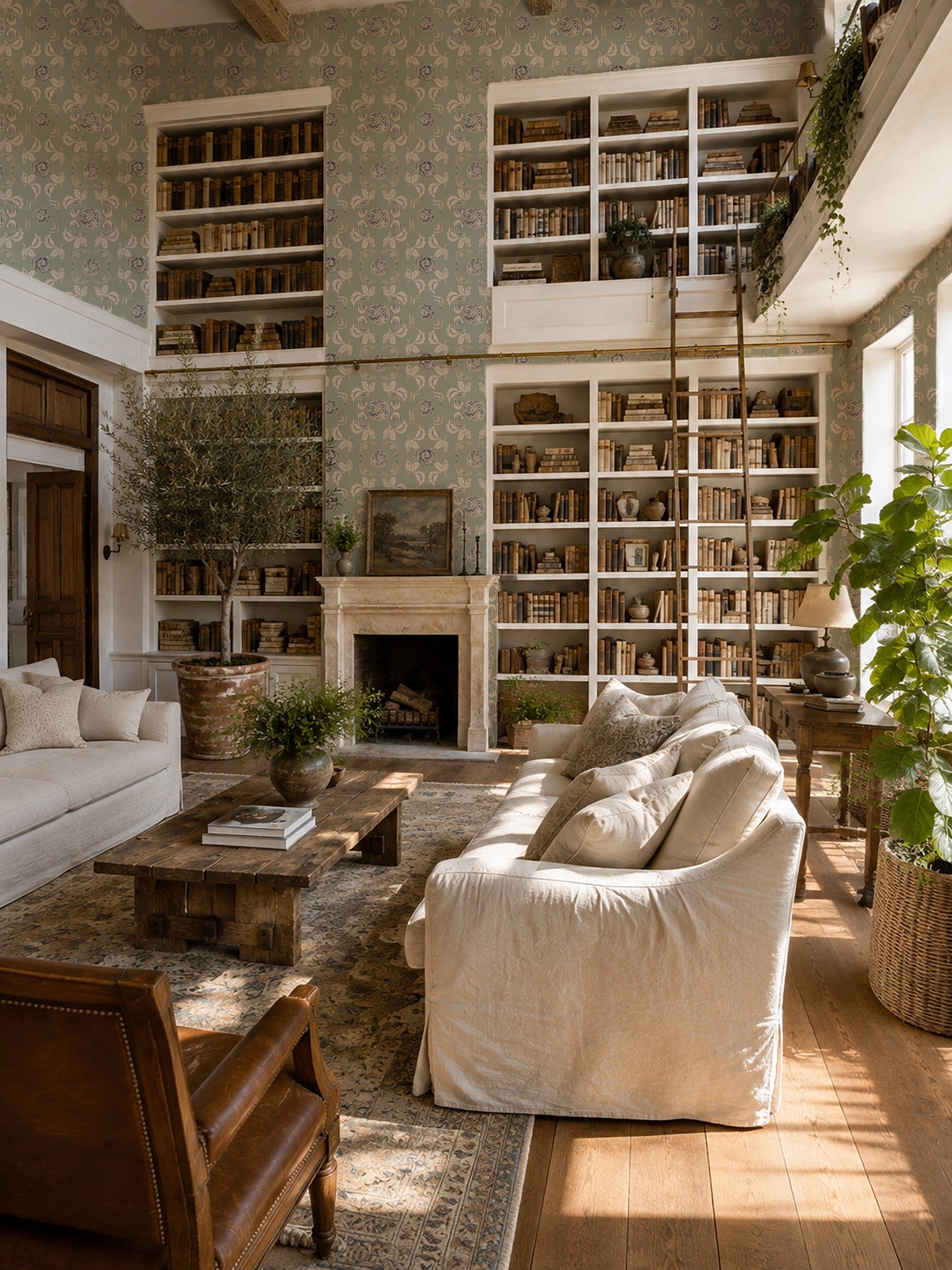 Nora Delft Green floral wallpaper in elegant living room with bookshelves and vintage decor.