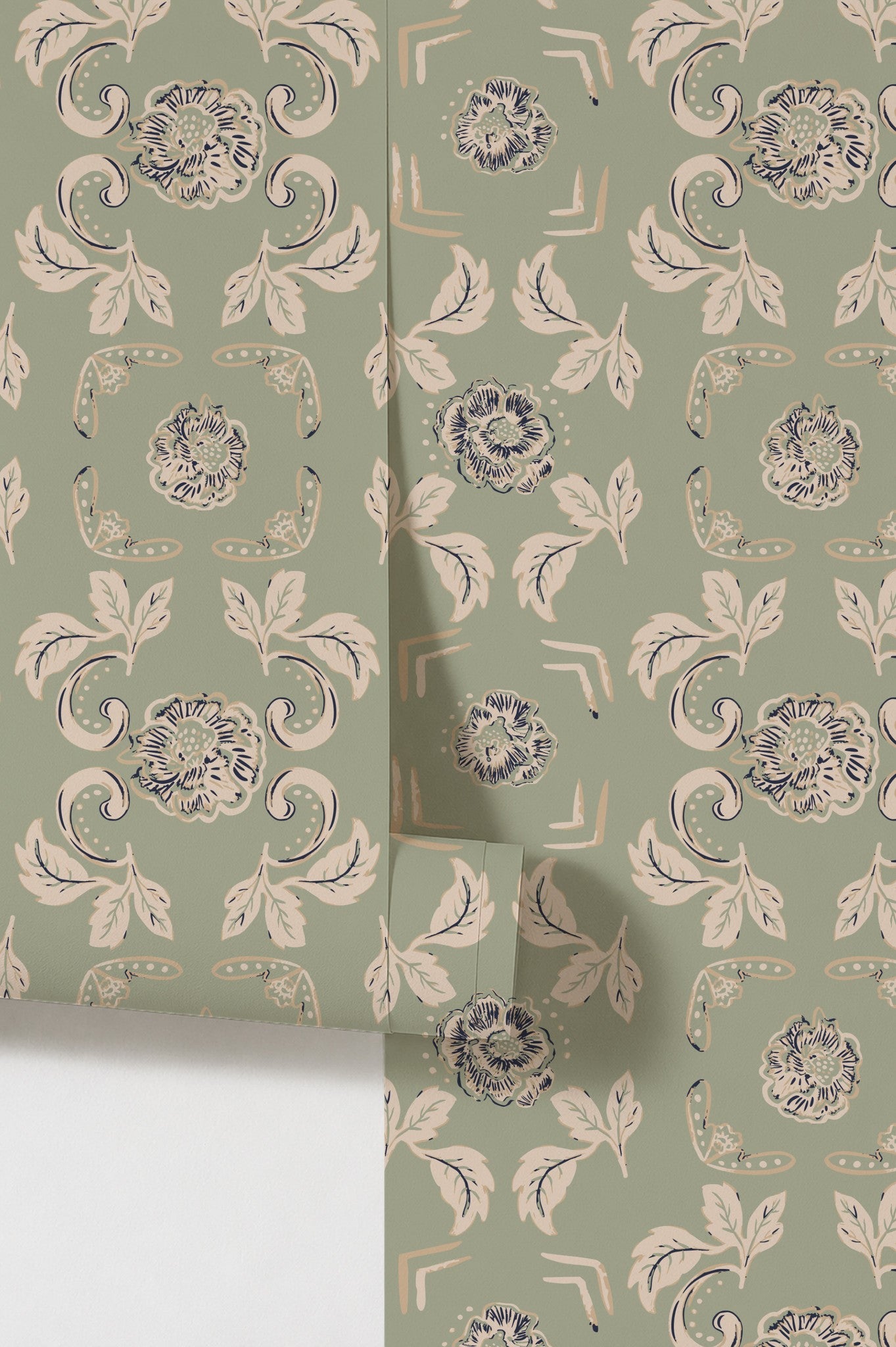 Nora Delft Green wallpaper with floral pattern in sage, indigo, and taupe.