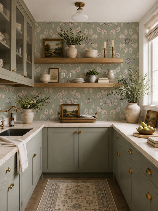 Nora Delft Green floral wallpaper in vintage kitchen with sage cabinets and open shelves.