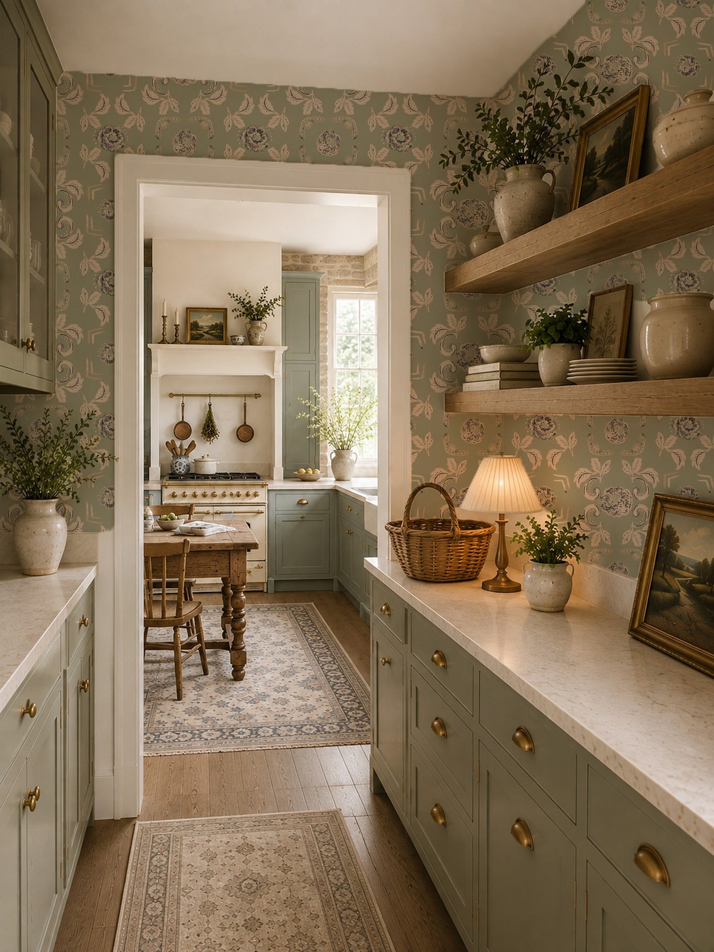 Nora Delft Green floral wallpaper in vintage kitchen with wooden shelves and decor.