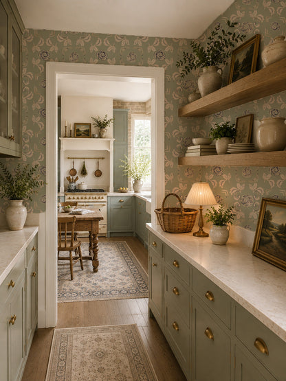 Nora Delft Green floral wallpaper in vintage kitchen with wooden shelves and decor.