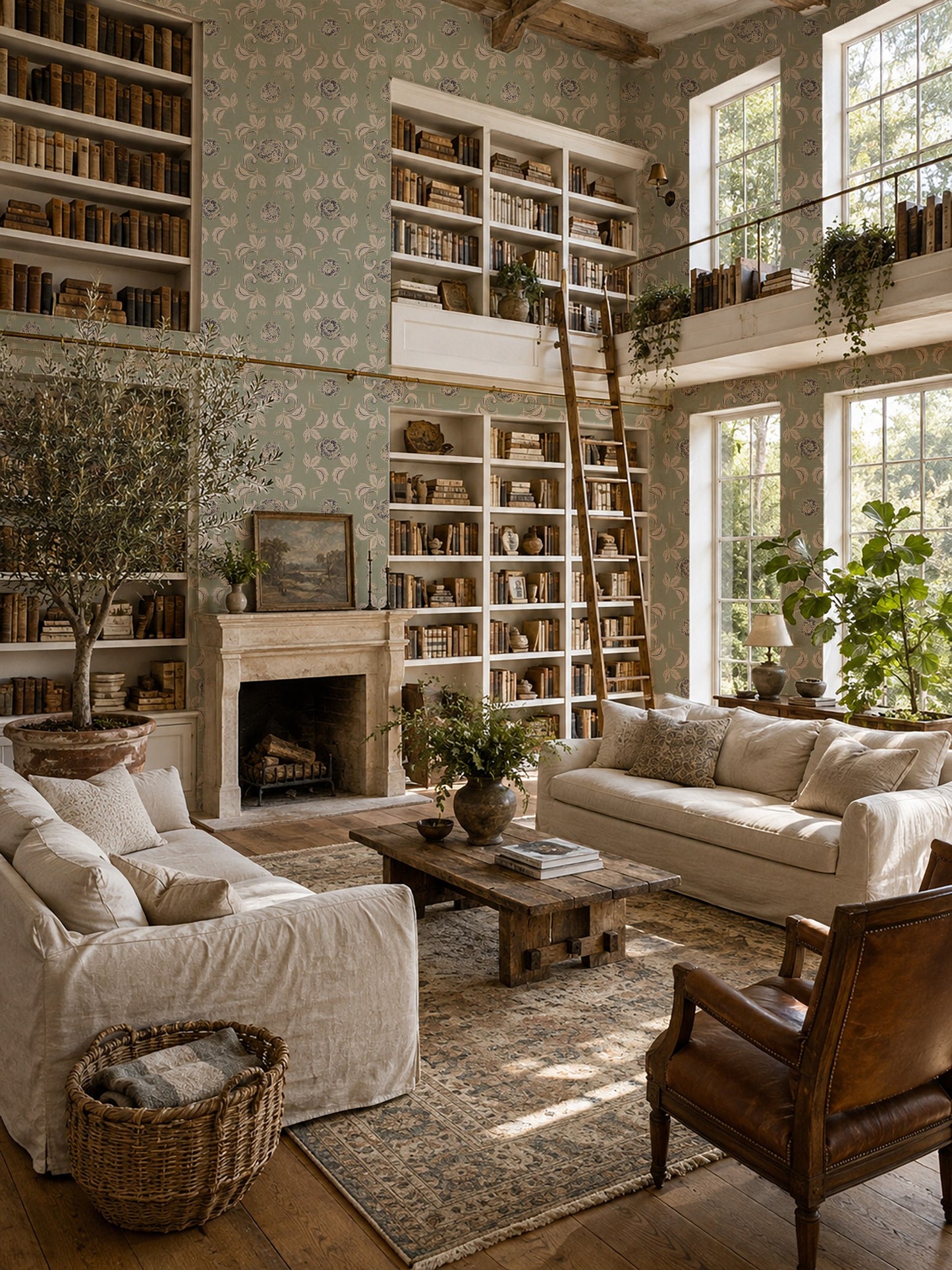 Vintage floral wallpaper in elegant living room with bookshelves and cozy seating.