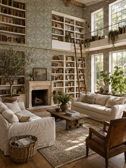 Vintage floral wallpaper in elegant living room with bookshelves and cozy seating.