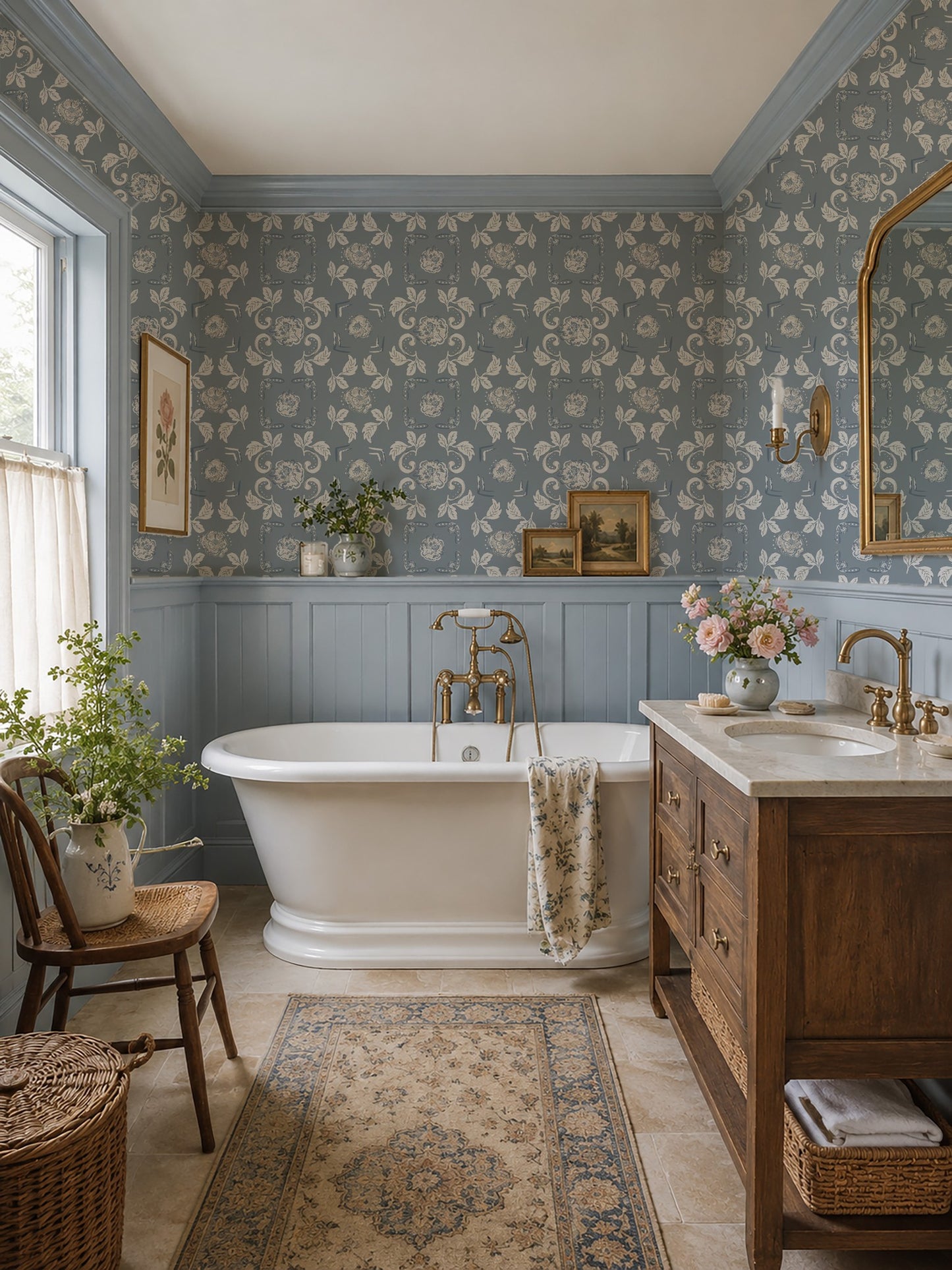 Vintage bathroom with Nora Dusty Blue floral wallpaper and freestanding tub.