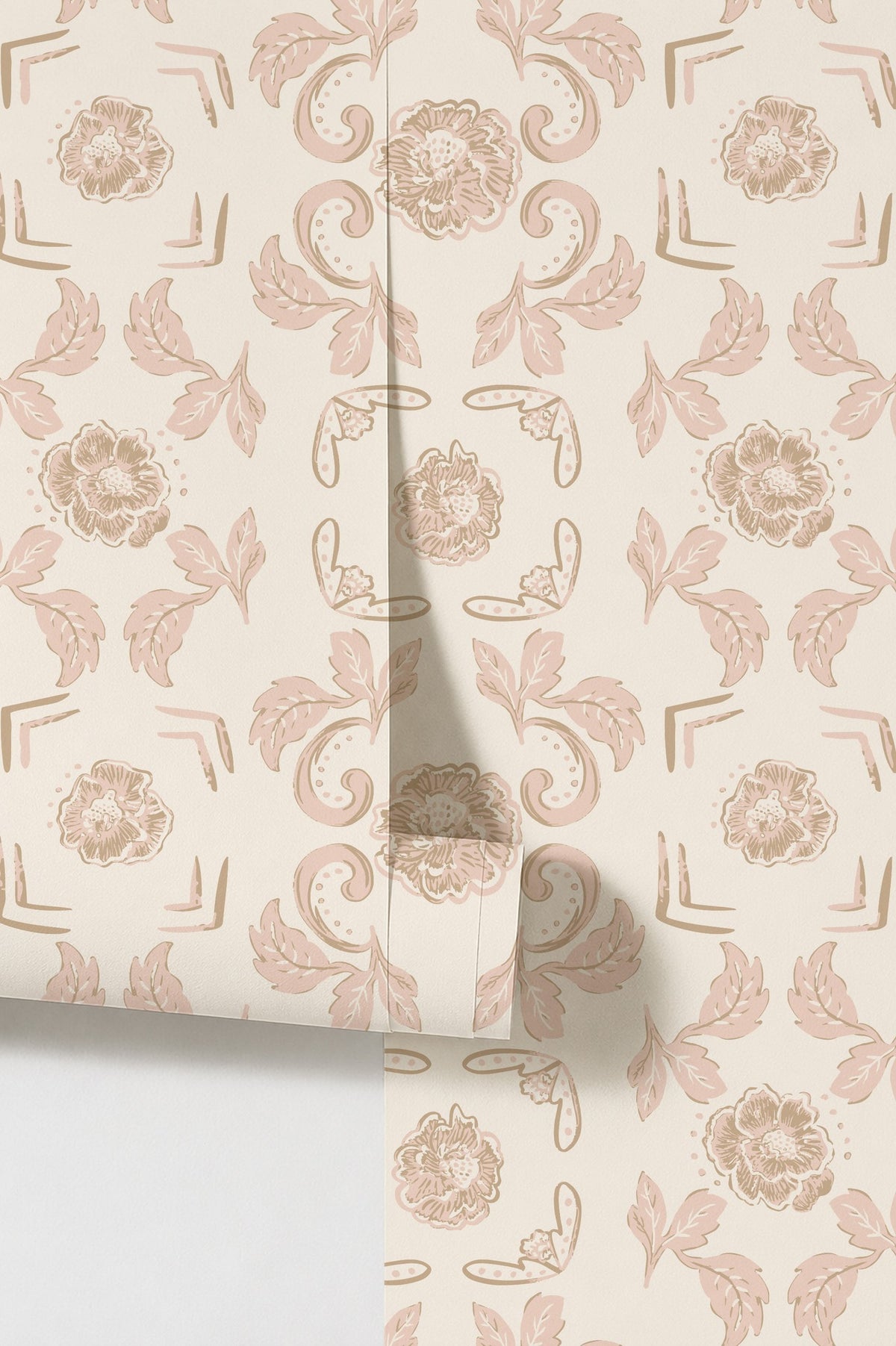 Nora Pink wallpaper with blush floral and swirl pattern on cream background.