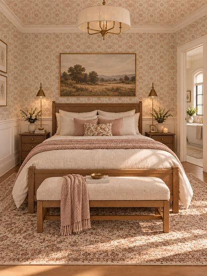Nora Pink floral wallpaper in elegant bedroom with blush tones and vintage decor.