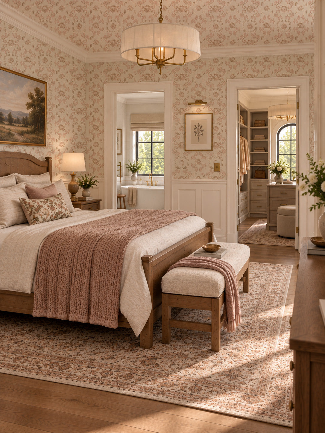 Nora Pink floral wallpaper in elegant bedroom with vintage decor and soft blush accents.