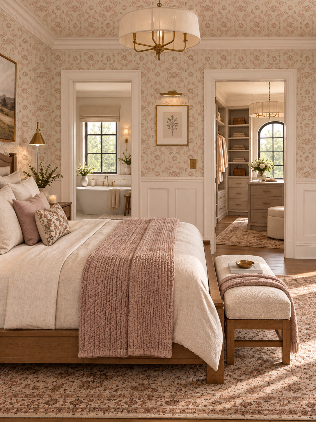 Nora Pink floral wallpaper in elegant bedroom with soft blush tones and vintage decor.