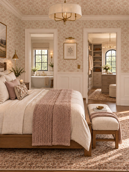 Nora Pink floral wallpaper in elegant bedroom with soft blush tones and vintage decor.