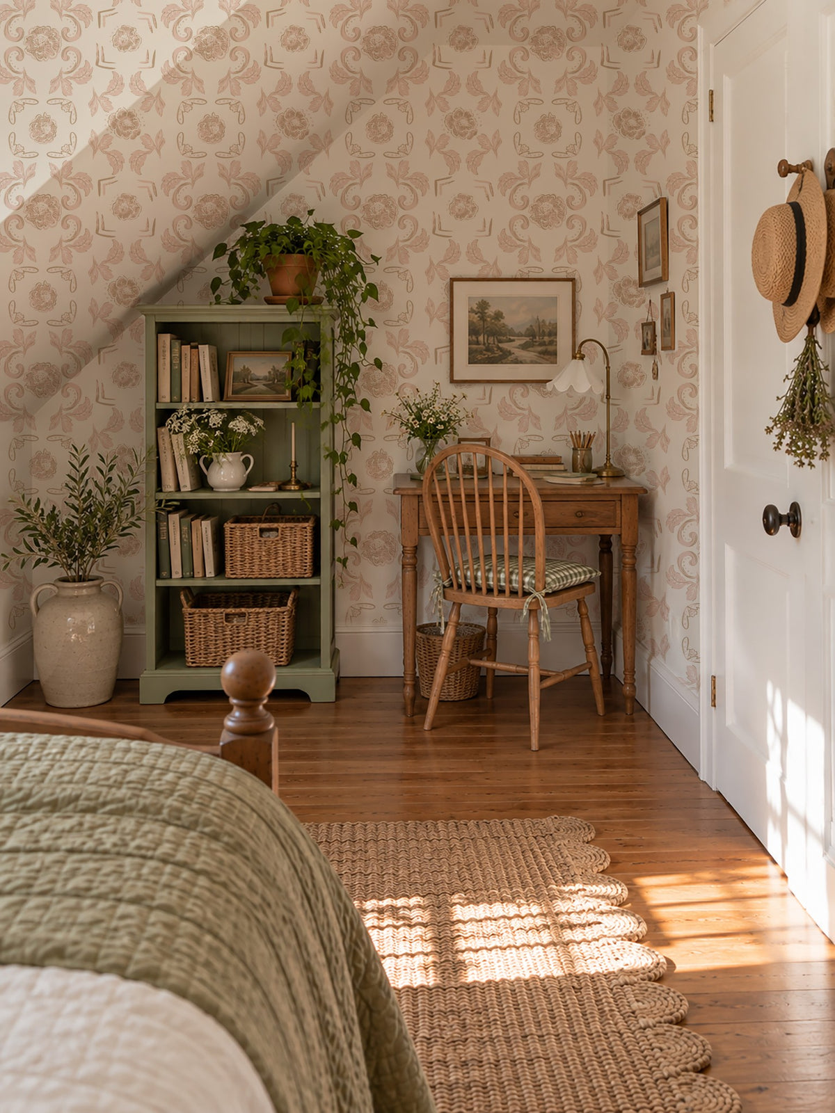 Nora Pink floral wallpaper in cozy vintage bedroom with wooden furniture.