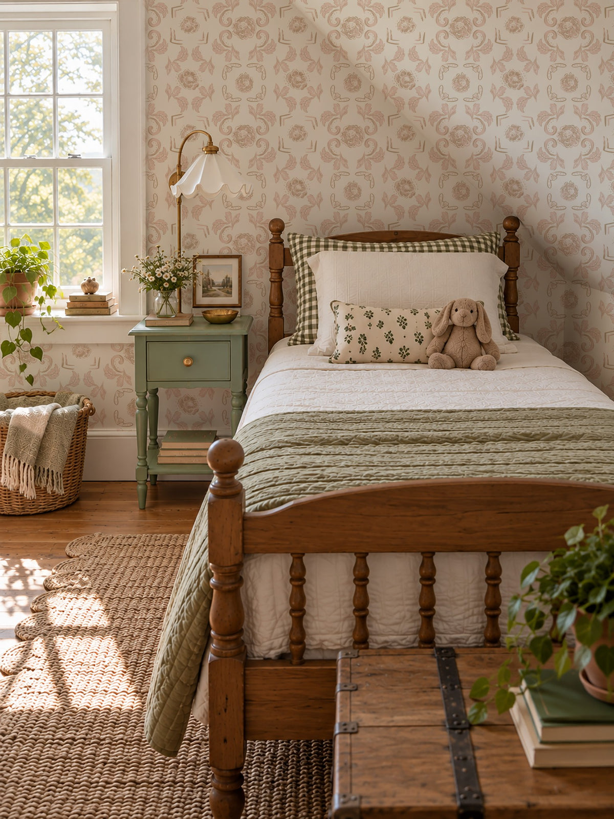 Nora Pink floral wallpaper in a vintage bedroom with wooden bed and green nightstand.