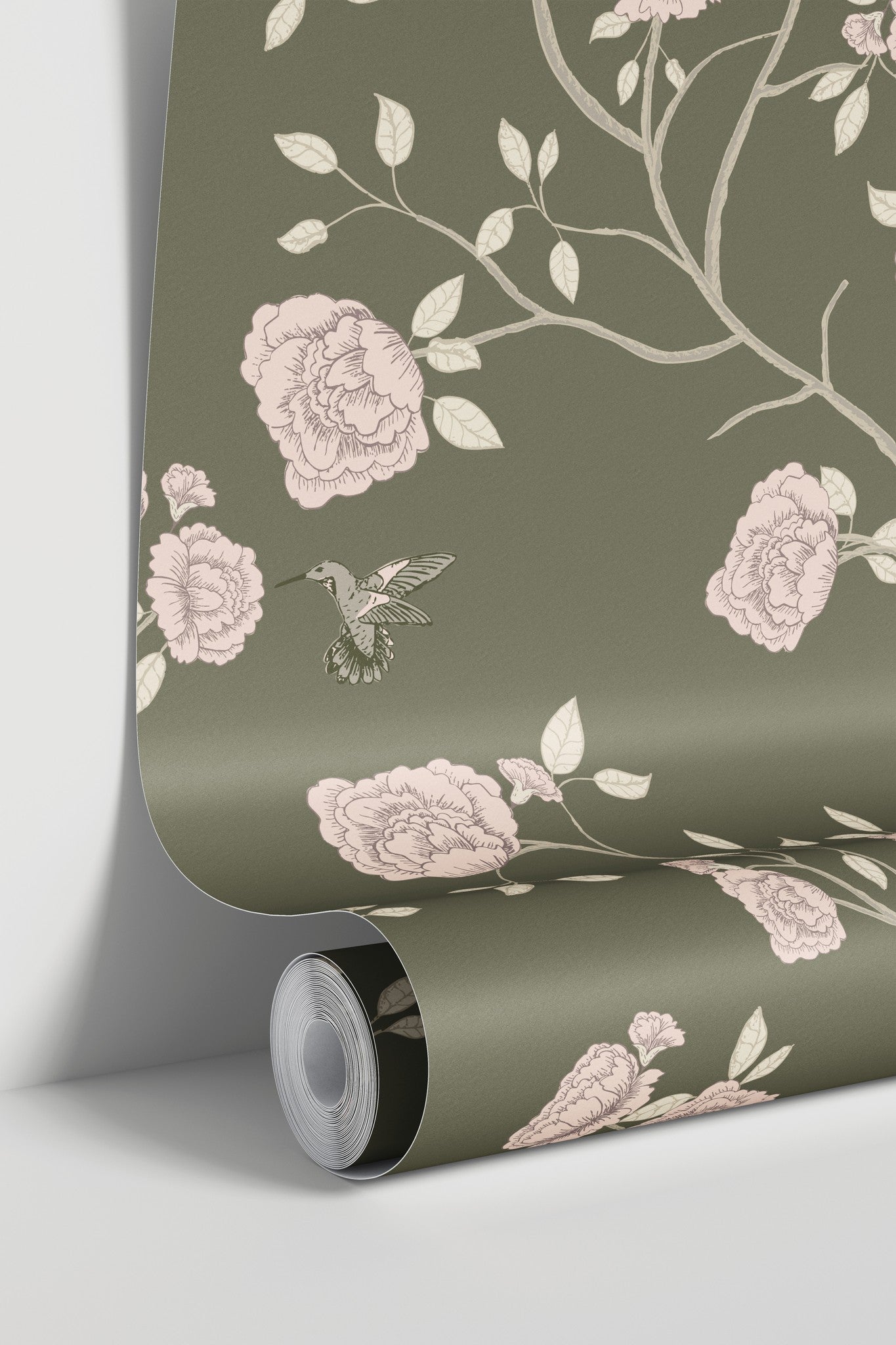 Olive green wallpaper with blush florals and hummingbird in chinoiserie style.