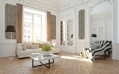 Elegant living room with olive green damask wallpaper, classic decor, and natural light.