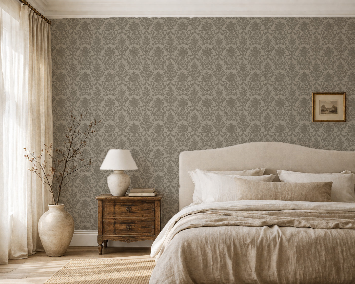 Olive green damask wallpaper in elegant bedroom with neutral decor.