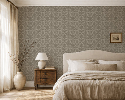 Olive green damask wallpaper in elegant bedroom with neutral decor.