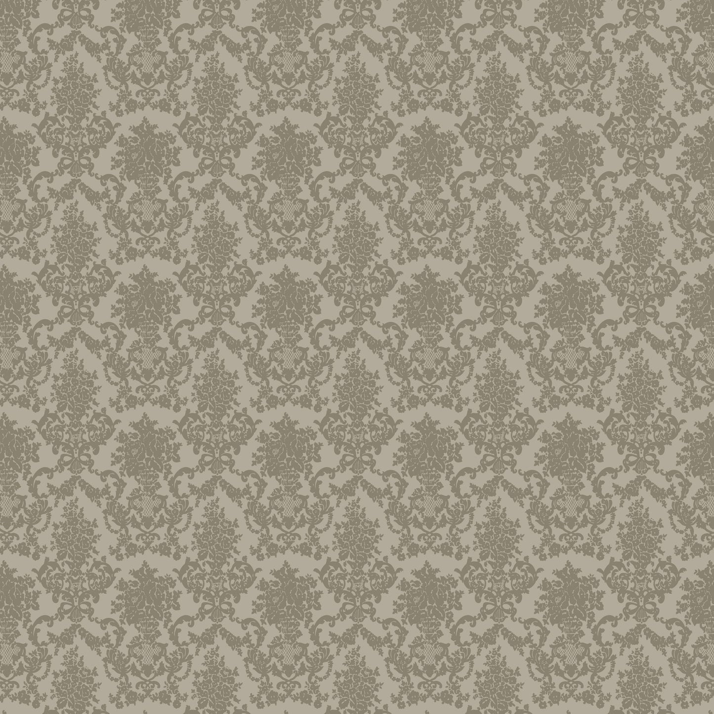 Olive green damask wallpaper with intricate floral pattern on cream background.