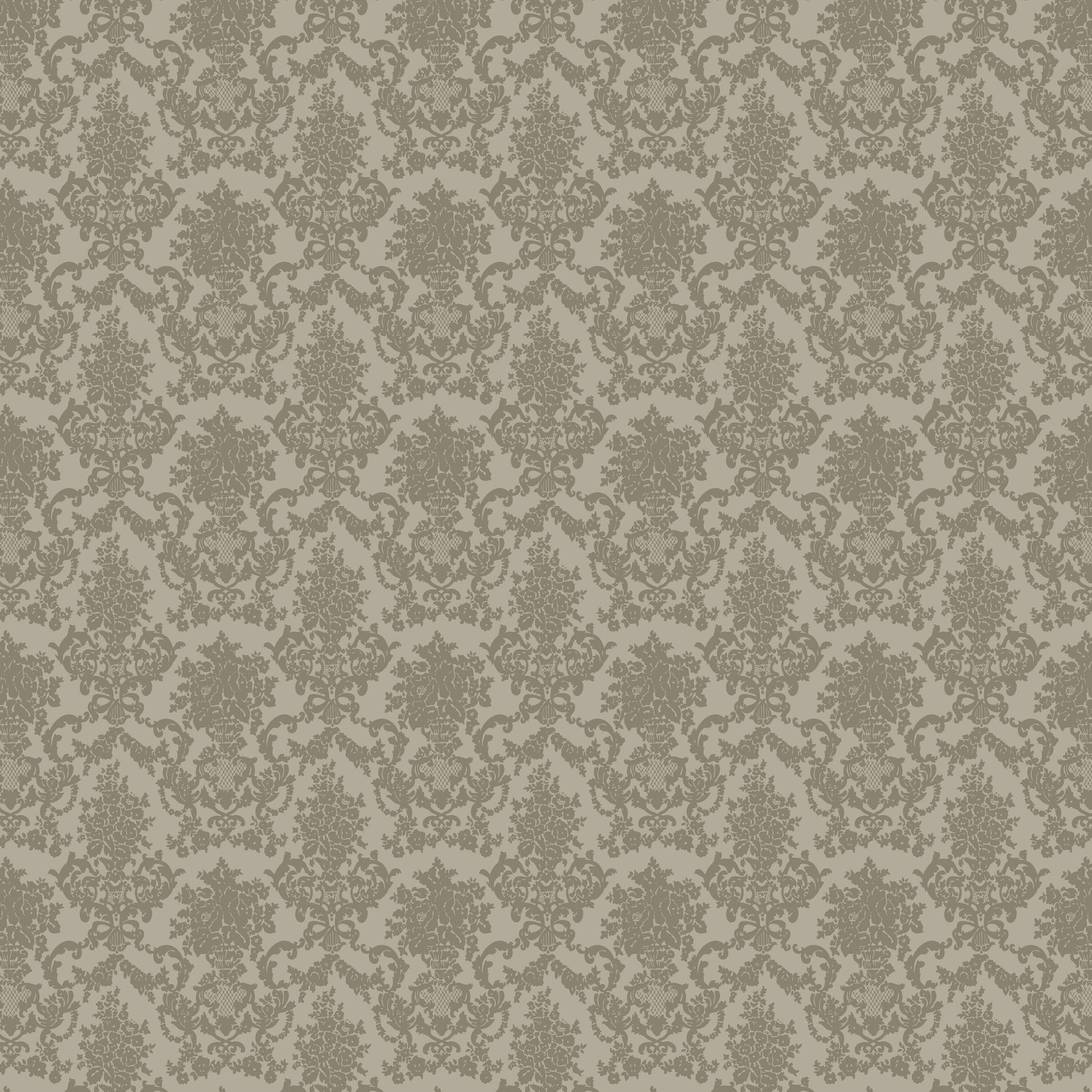 Olive green damask wallpaper with intricate floral pattern on cream background.