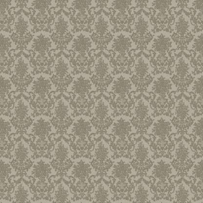 Olive green damask wallpaper with intricate floral pattern on cream background.